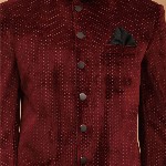 VASTRAMAY Polka Dot Printed Slim Fit Single Breasted Bandhgala Velvet Blazer
