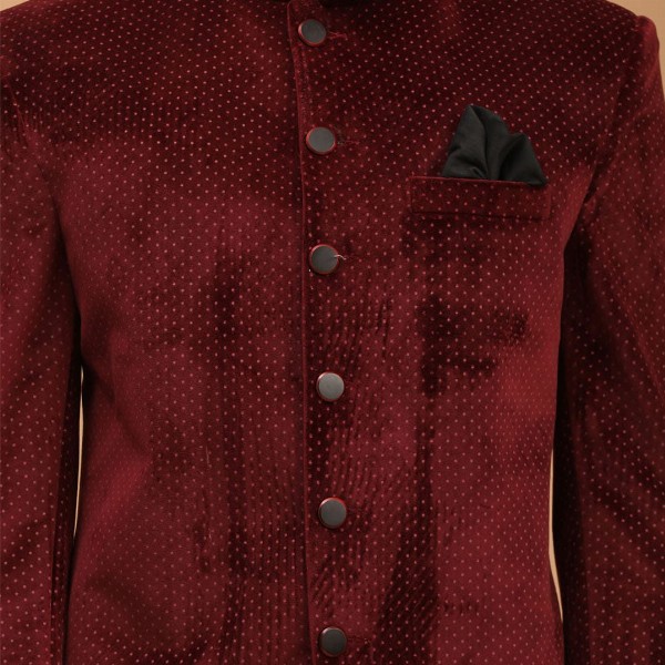 VASTRAMAY Polka Dot Printed Slim Fit Single Breasted Bandhgala Velvet Blazer