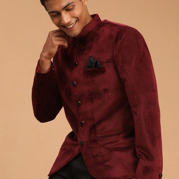 VASTRAMAY Polka Dot Printed Slim Fit Single Breasted Bandhgala Velvet Blazer